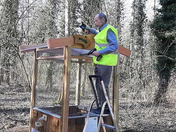 NABU-Ameisenexperte Rainer Lindner bei der Erneuerung des Formicariums. Foto: NABU Willich